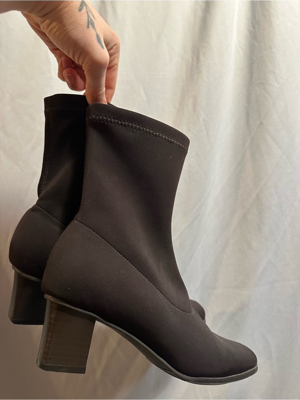 Rusty Lopez Brown Stretch Sock Booties with Block Heel - Women 7.5/8